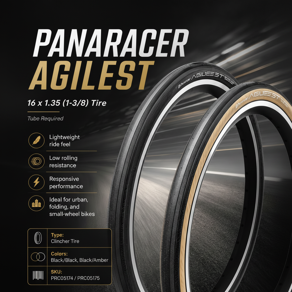 Panaracer Agilest bicycle tire with product details on a dark background