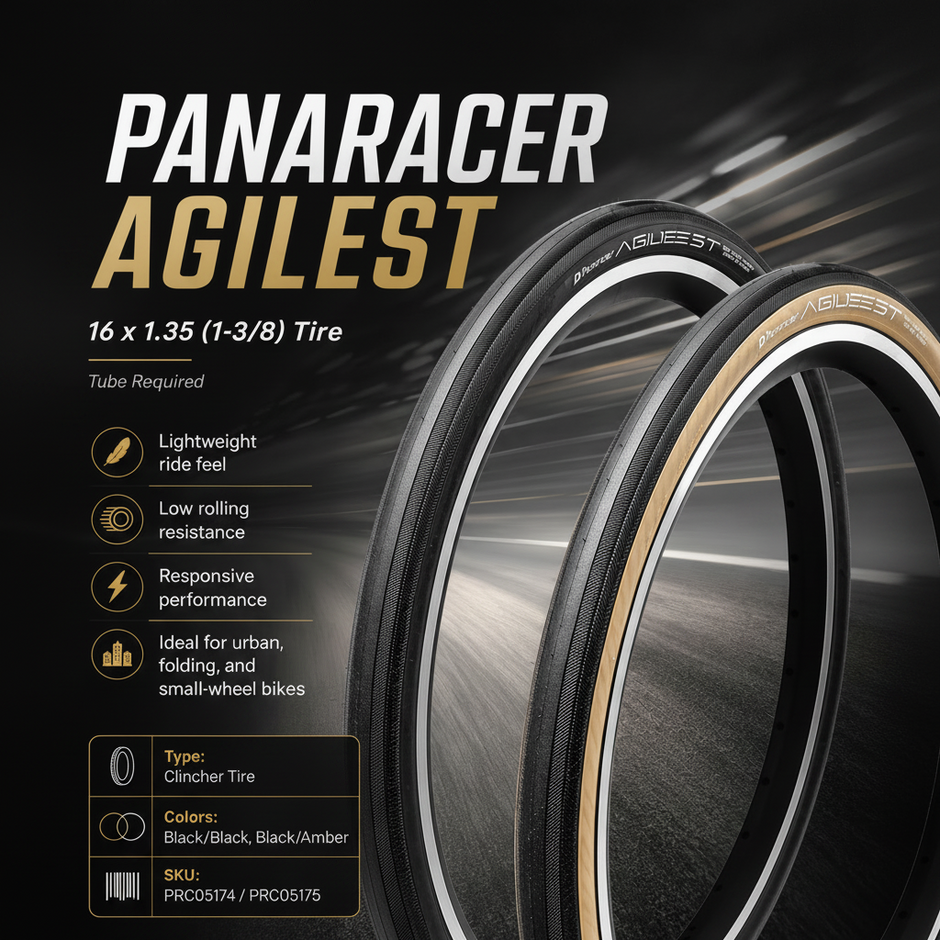 Panaracer Agilest bicycle tire with product details on a dark background
