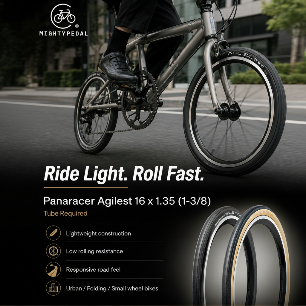 Person riding a bicycle with Nightpedal branding, featuring Panaracer Agilist tires.