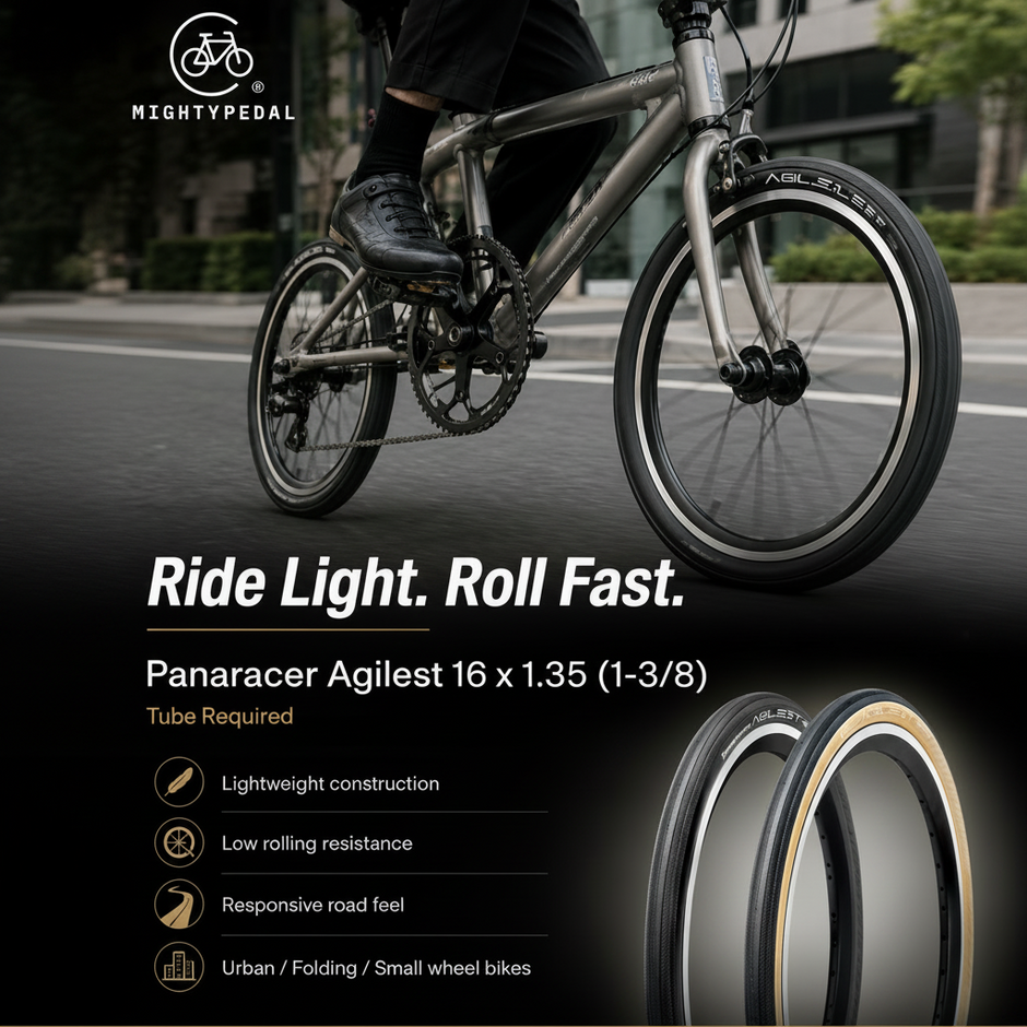 Person riding a bicycle with Nightpedal branding, featuring Panaracer Agilist tires.