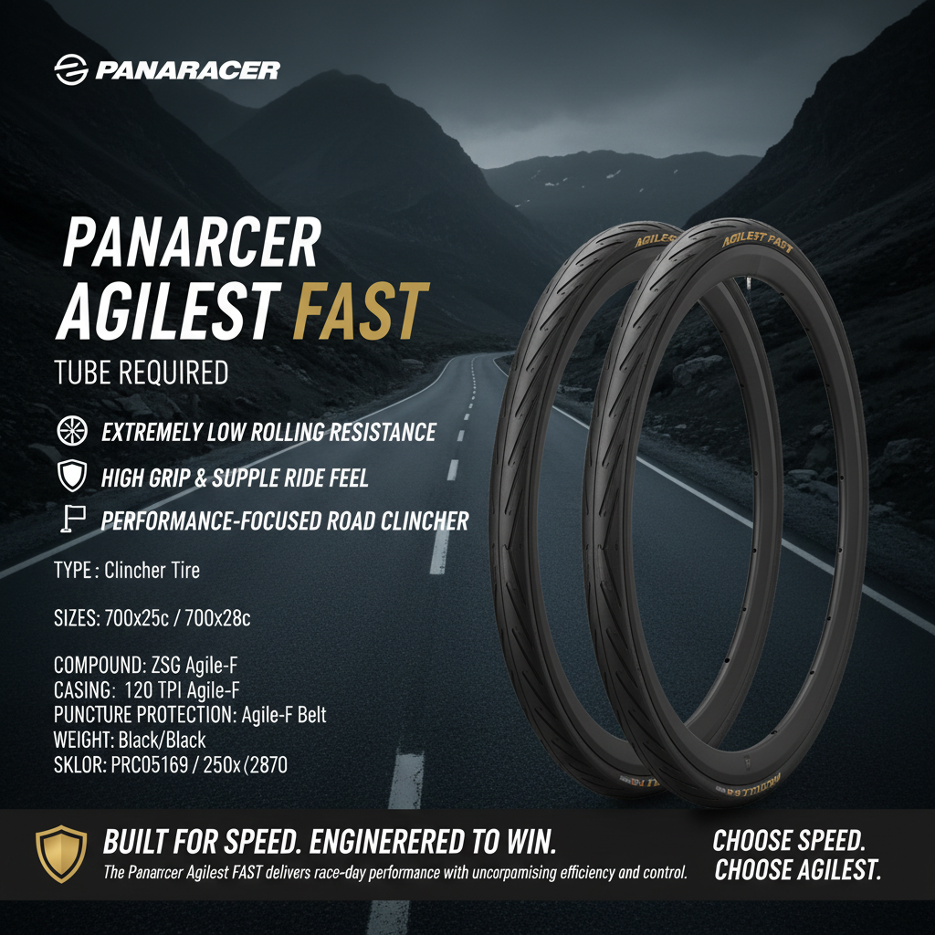 Panaracer Agilest Fast bicycle tire with product details on a dark background