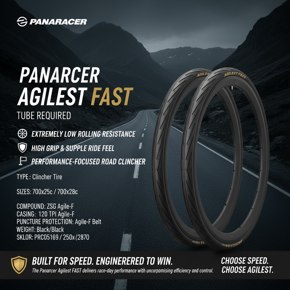 Panaracer Agilest Fast bicycle tire with product details on a dark background