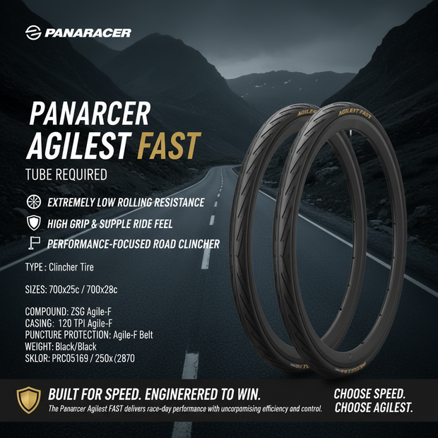 Panaracer Agilest Fast bicycle tire with product details on a dark background
