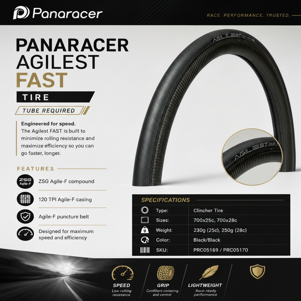 Panaracer Agilest Fast tire with specifications and branding on a white background