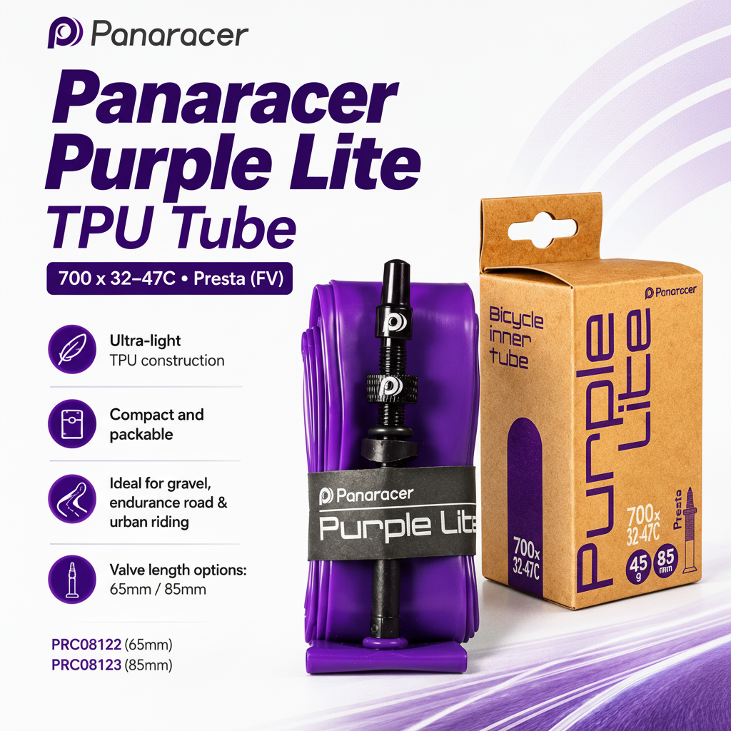 Panaracer Purple Lite TPU tube with packaging on a white background