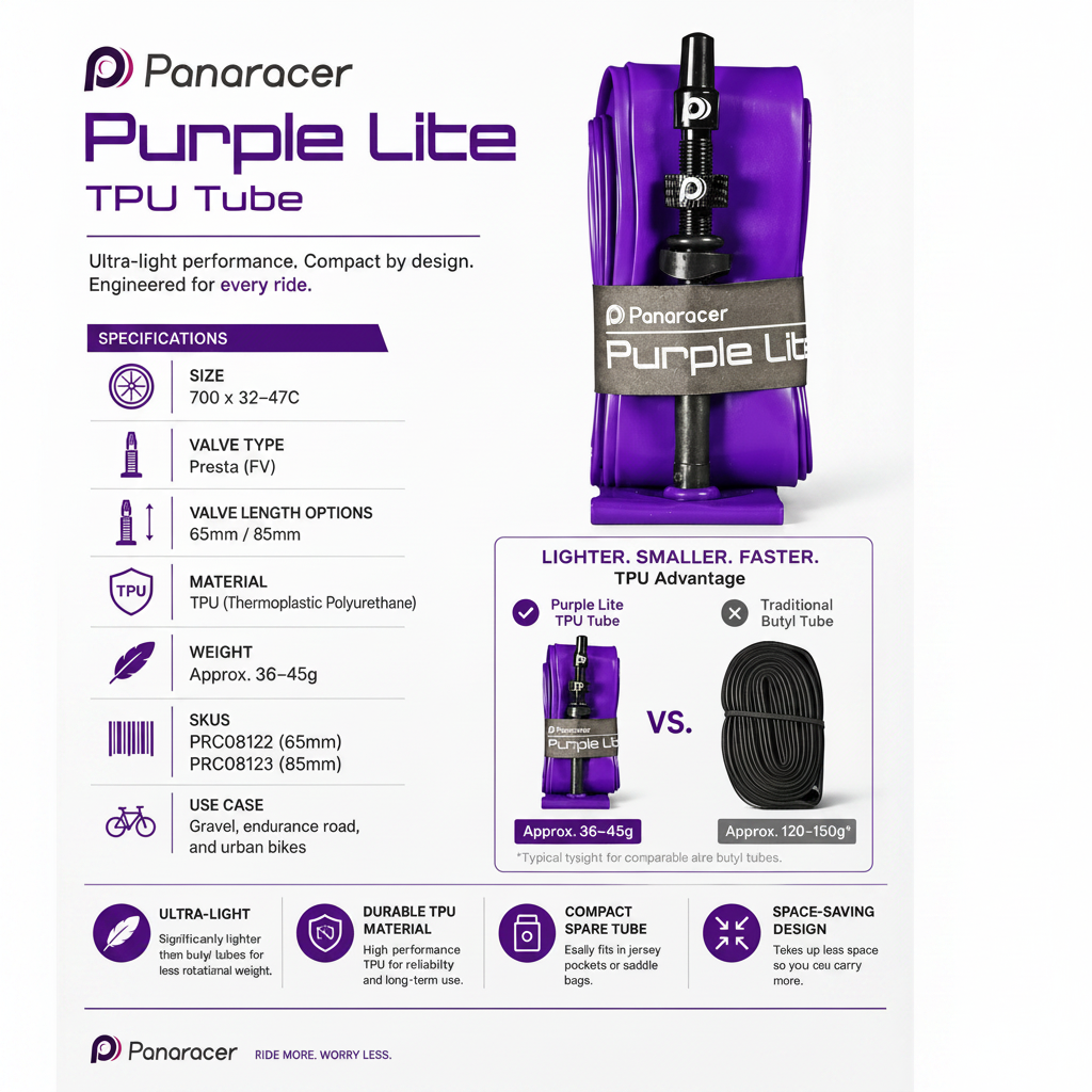 Panaracer Purple Lite TPU tube with specifications and features on a white background