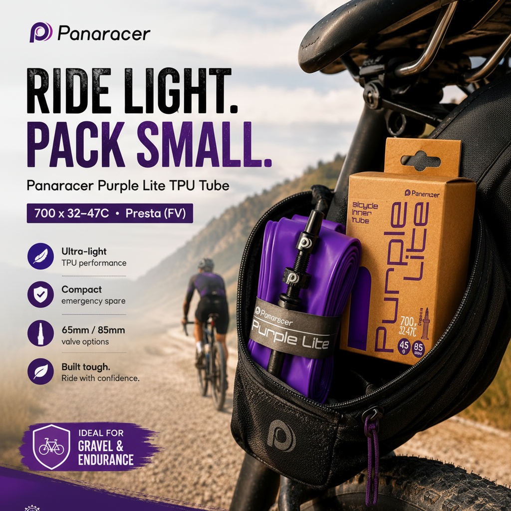 Panaracer Purple Lite TPU tube packaging with a cyclist in the background on a dirt road.