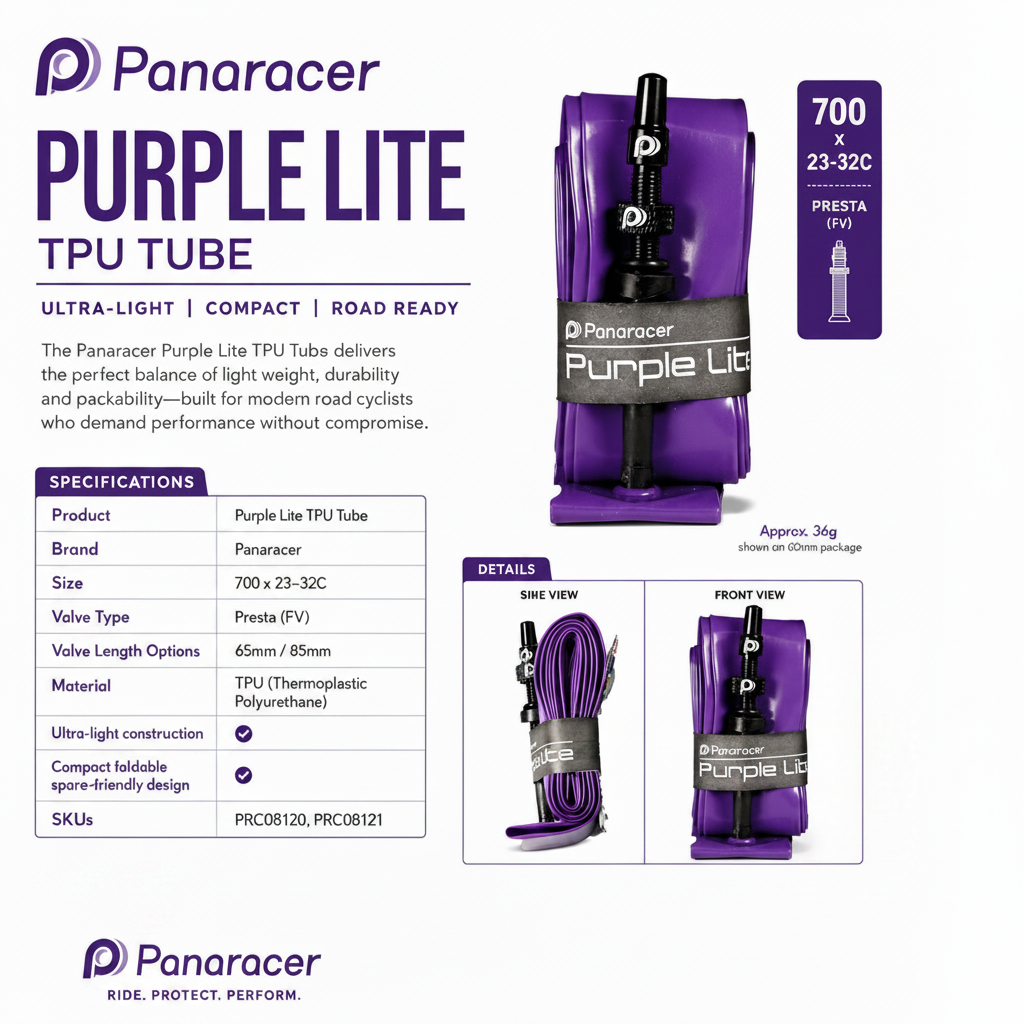 Panaracer Purple Lite TPU tube packaging with specifications 