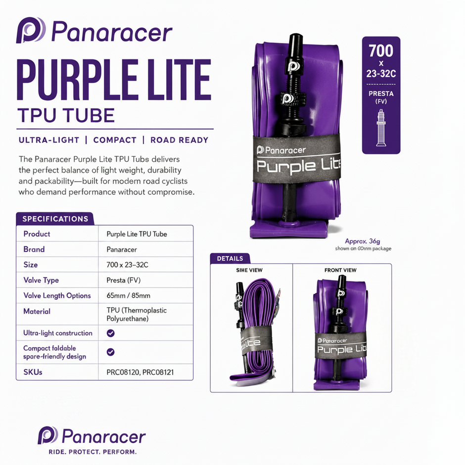 Panaracer Purple Lite TPU tube packaging with specifications 