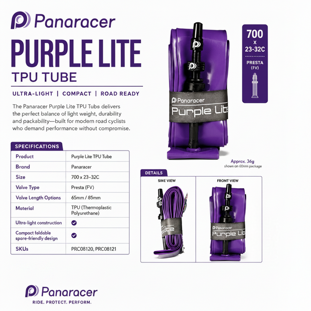 Panaracer Purple Lite TPU tube packaging with specifications 