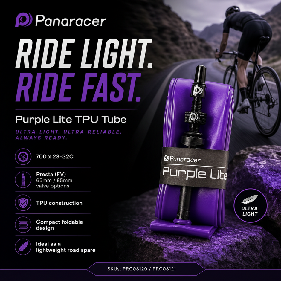 Panaracer Purple Lite TPU tube packaging with a cyclist on a mountain road in the background.