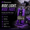 Panaracer Purple Lite TPU tube packaging with a cyclist on a mountain road in the background.