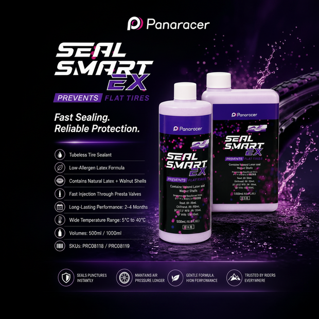Panaracer Seal Smart EX tire sealant bottles with product details on a dark background