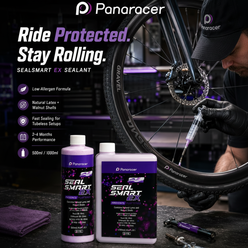 Panaracer Seal Smart EX sealant bottles with a person working on a bicycle tire in a workshop setting.