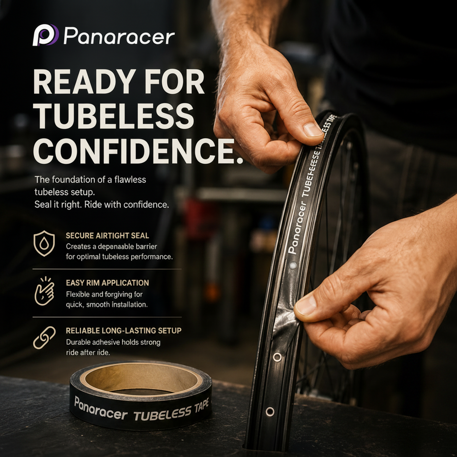 Person applying Panaracer tubeless tire tape with brand branding and product details.