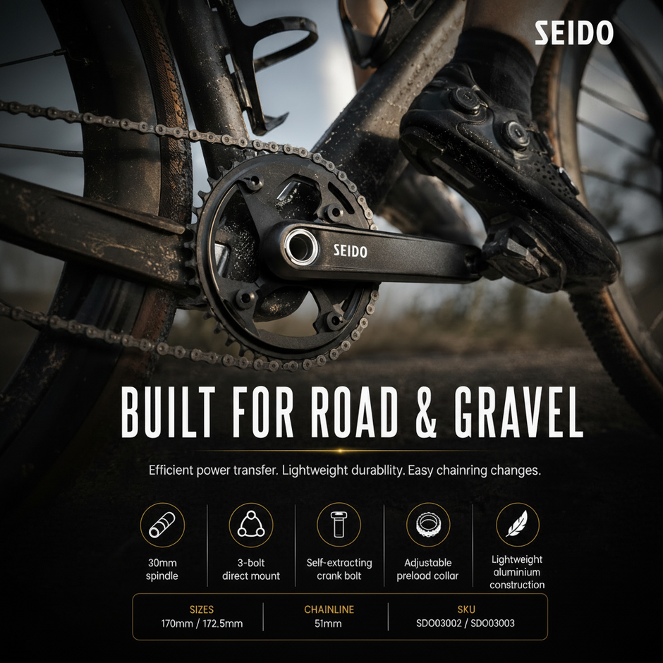 Bicycle chainset with 'SEIDO' branding and product features highlighted.