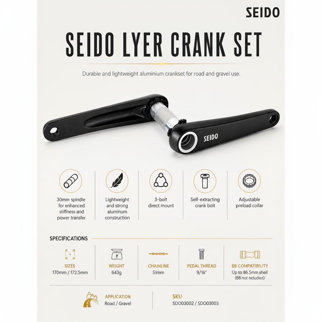 Seido Lyer Crank Set with specifications on a white background