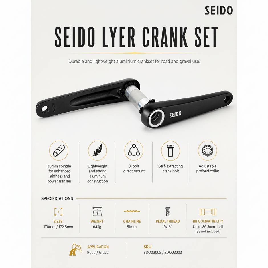 Seido Lyer Crank Set with specifications on a white background