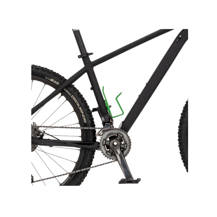 Side view of a mountain bike showcasing the crankset and green Minoura AB100 bottle cage mounted on the frame.