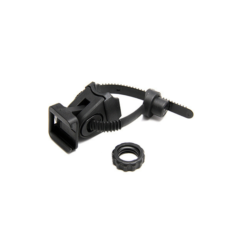 Black universal bike light mount with adjustable strap and removable locking ring.
