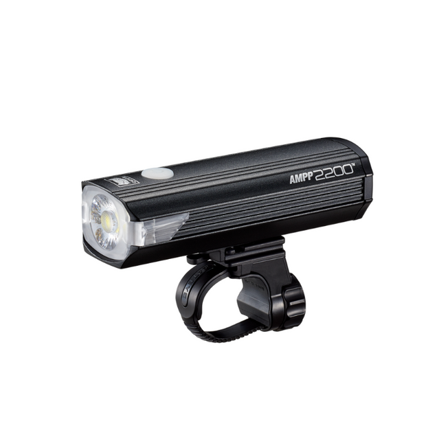 Cateye AMPP 2200 Front Light - Close-up view of Cateye AMPP 2200 bike light with clear lens and adjustable mounting system.