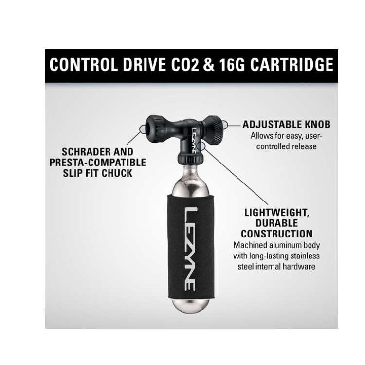 Lezyne Control Drive CO2 Inflator - Precise control with adjustable knob, featuring an aluminum body and a Presta/Schrader compatible slip-fit chuck for fast tire inflation.